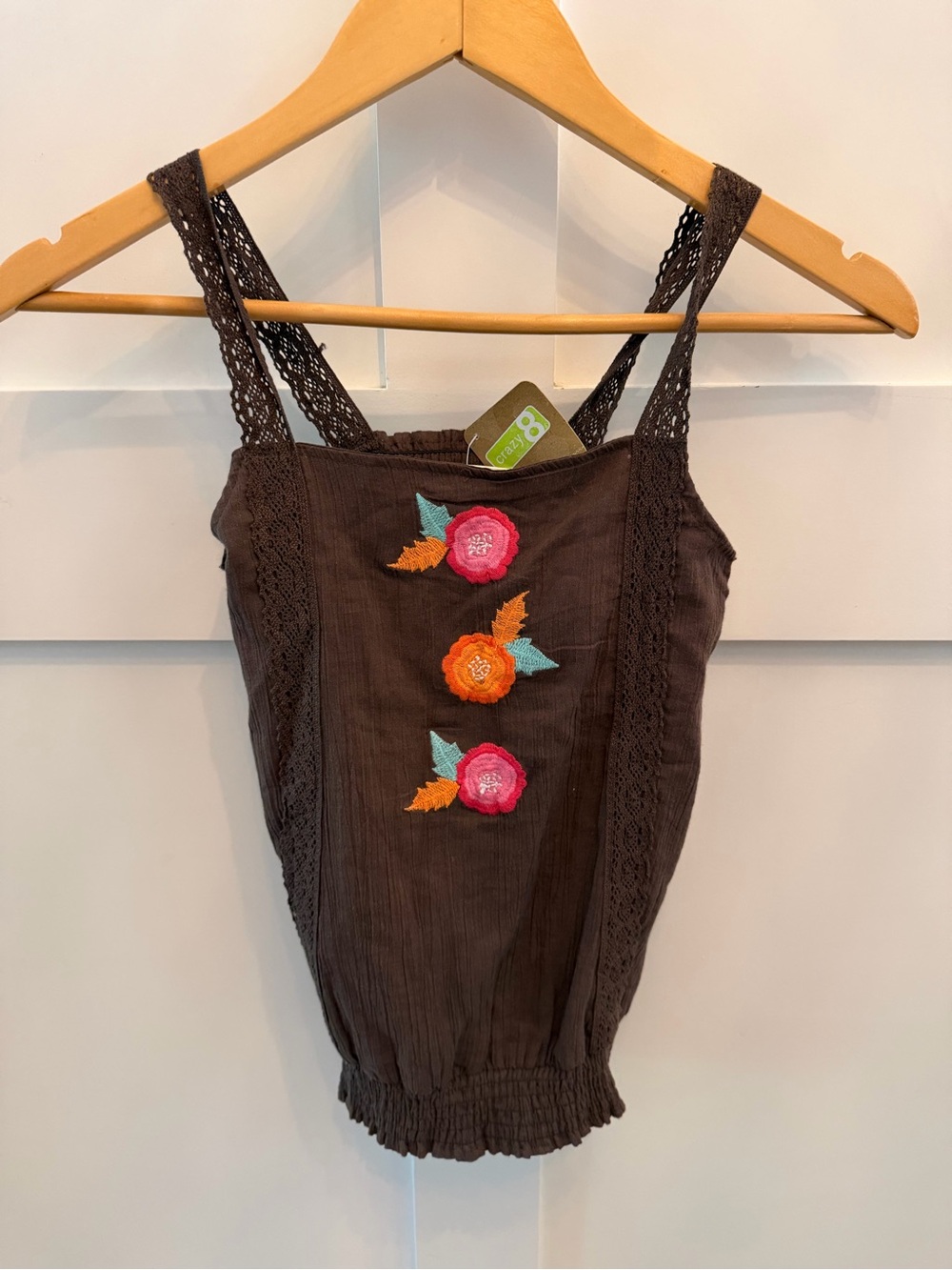 NWT Girls Brown Floral Boho Embroidered One-Piece Tank Blouse Shirt Size 7/8